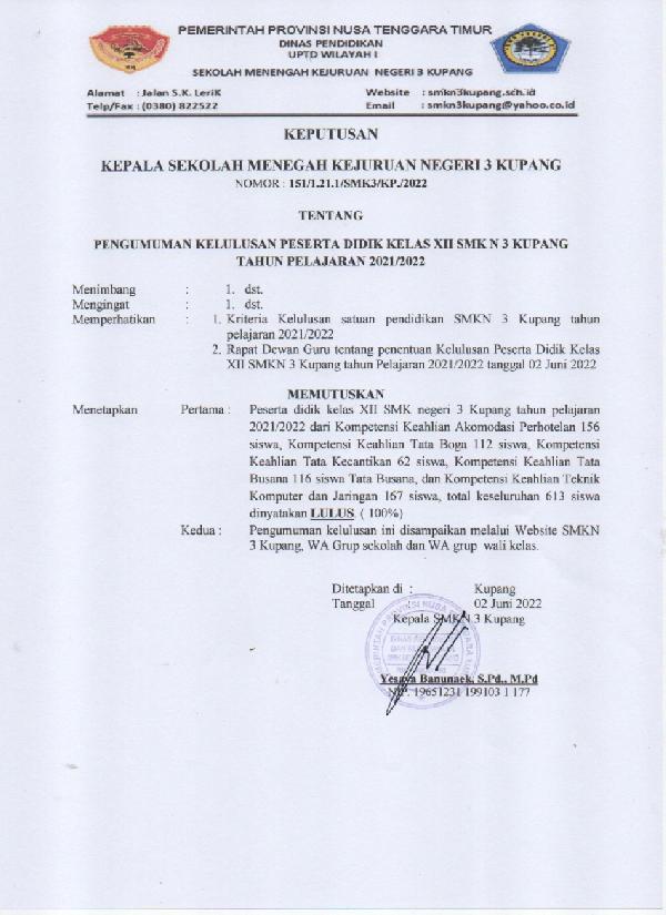 PENGUMUMAN KELULUSAN PESERTA DIDIK KELAS XII 