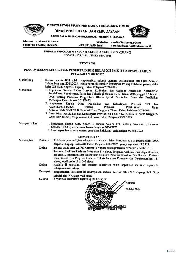 Pengumuman Kelulusan Siswa-Siswi SMKN 3 Kupang Tahun 2025